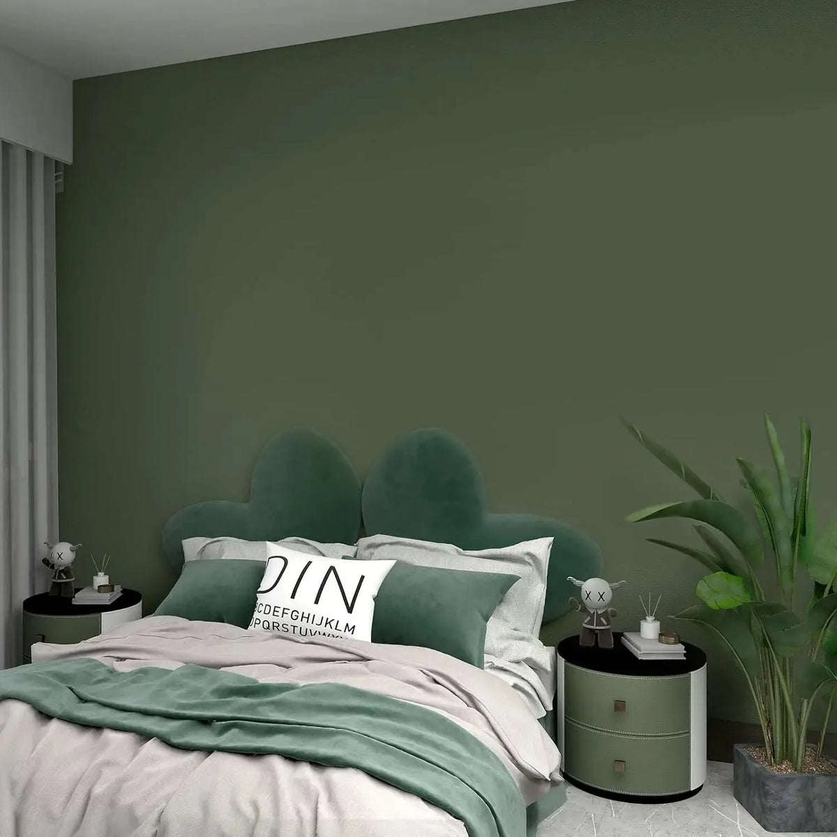 A bedroom featuring a green upholstered headboard and bedding with a matte green vinyl film product.