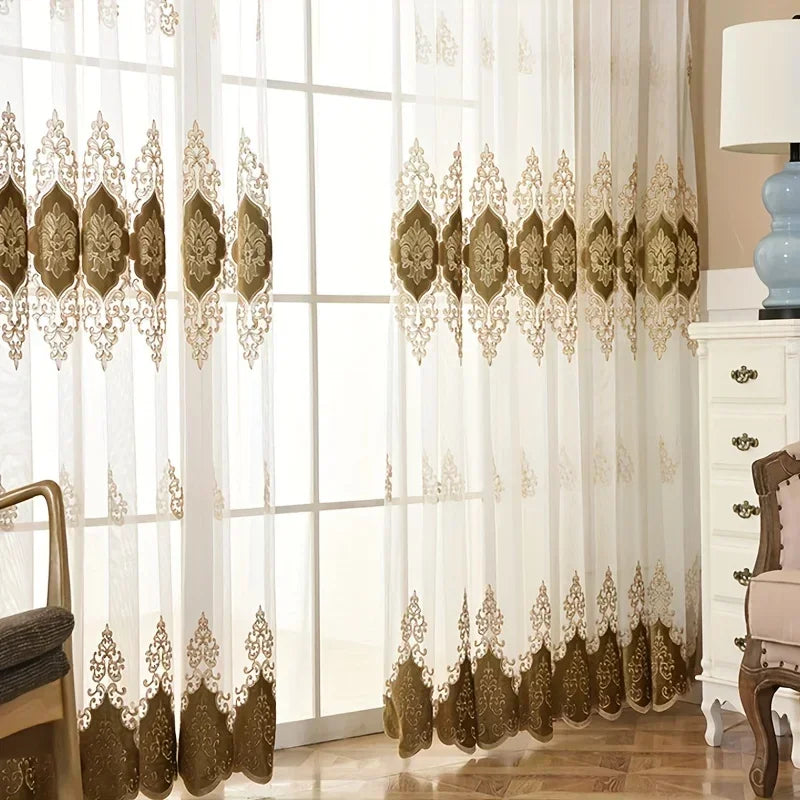 Embroidered Gauze Curtain with Floral Design