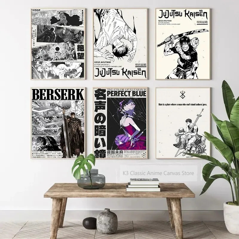 A collection of four minimalist anime canvas wall art posters featuring dark and light themes