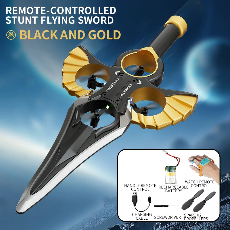 Black and gold remote-controlled stunt flying sword with propellers and accessories