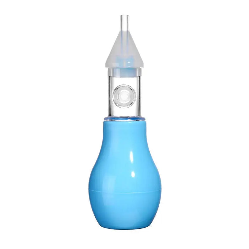 A blue gentle baby nasal aspirator with a clear silicone tip.