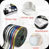 A collection of various decorative self-adhesive tile gap tape strips shown in different colors and applications like a stove