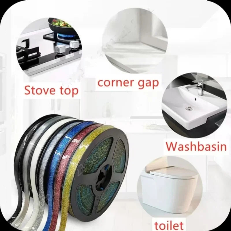 A collection of various decorative self-adhesive tile gap tape strips shown in different colors and applications like a stove
