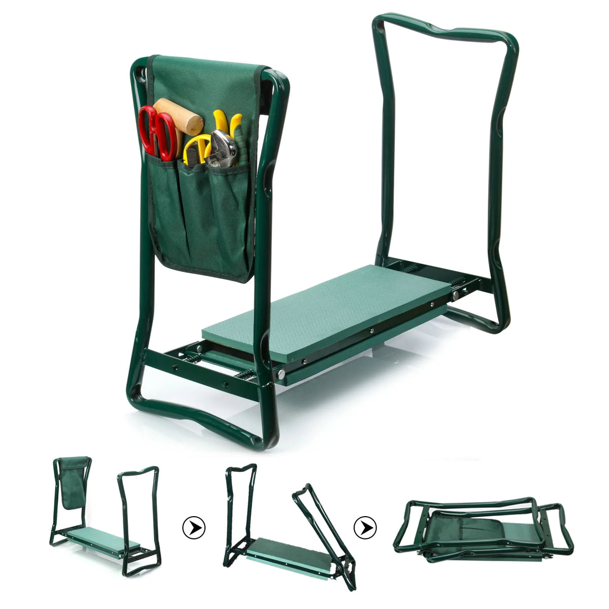 A heavy duty foldable garden kneeler seat with a green frame and tool pouch, shown in various configurations.