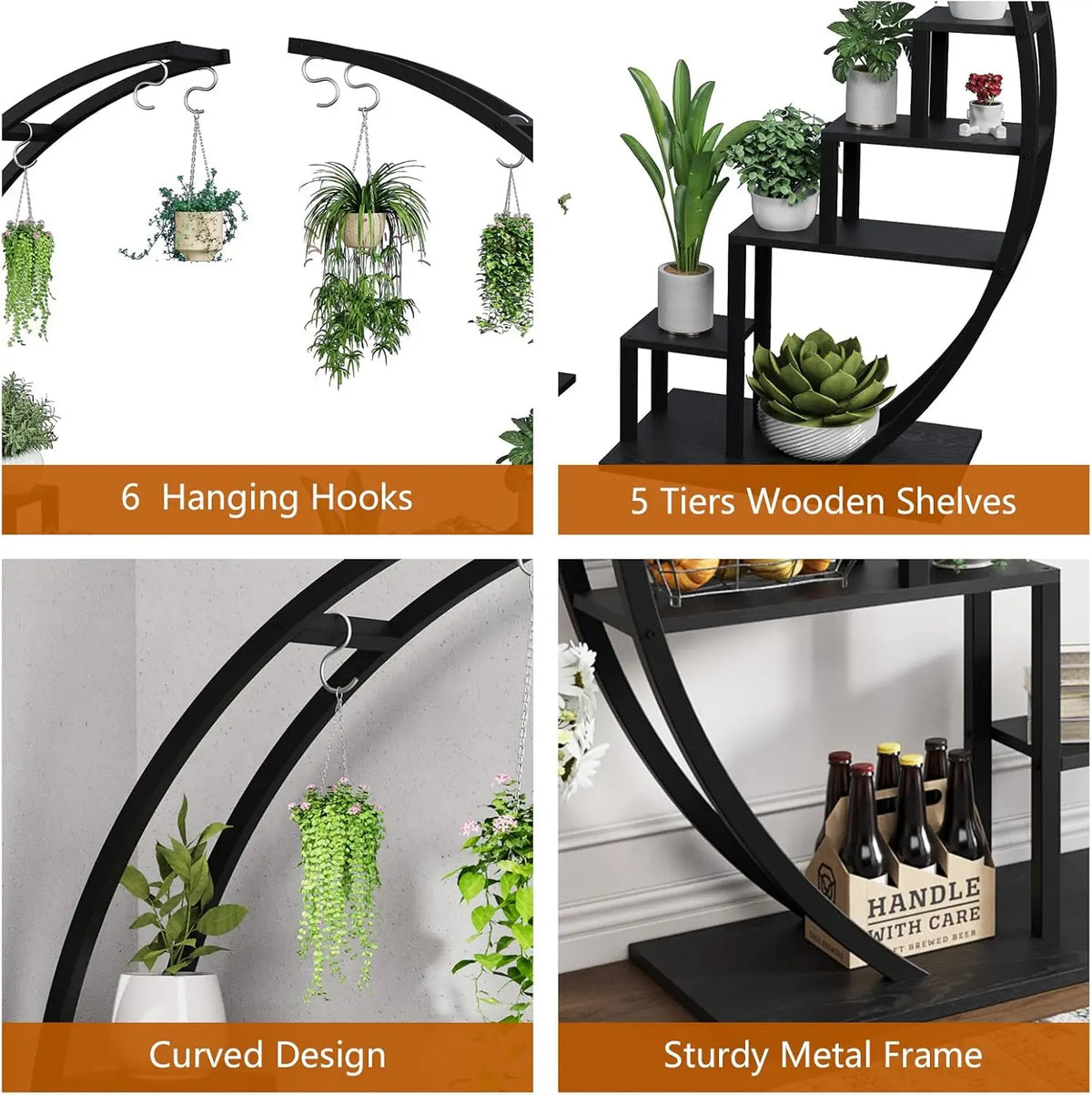A black metal plant stand featuring five tiers, a curved design, and hanging hooks for indoor plants.