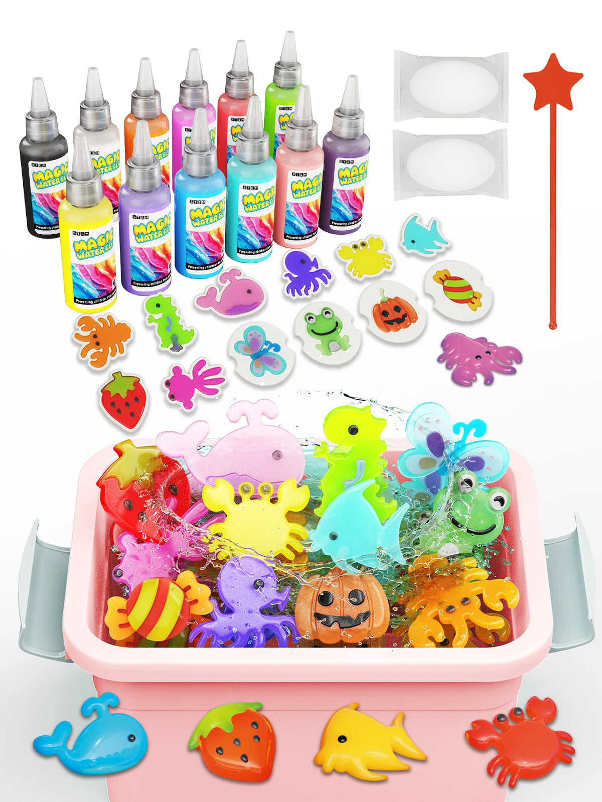 A DIY 3D water elf science kit with graffiti painting for kids showing various colorful bottles and paint tools.