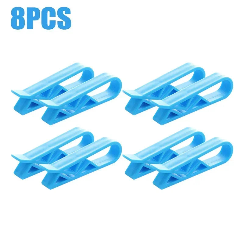 Eight blue plastic clips designed to hold garbage bags or snack bags on trash cans.