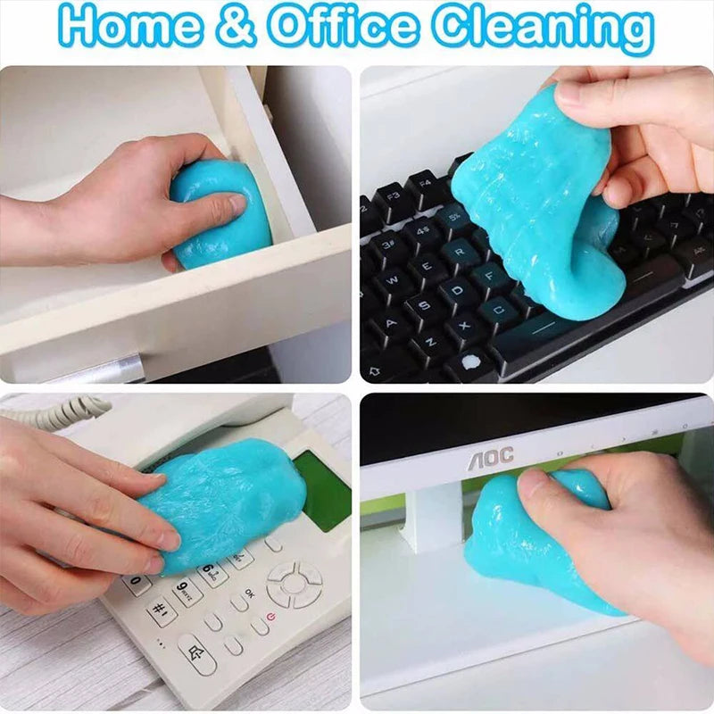 Hands cleaning a laptop keyboard with blue reusable gel for home and office cleaning
