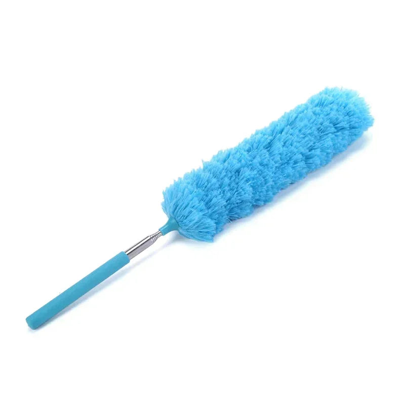 A bright blue telescopic microfiber duster with a flexible stainless steel handle.