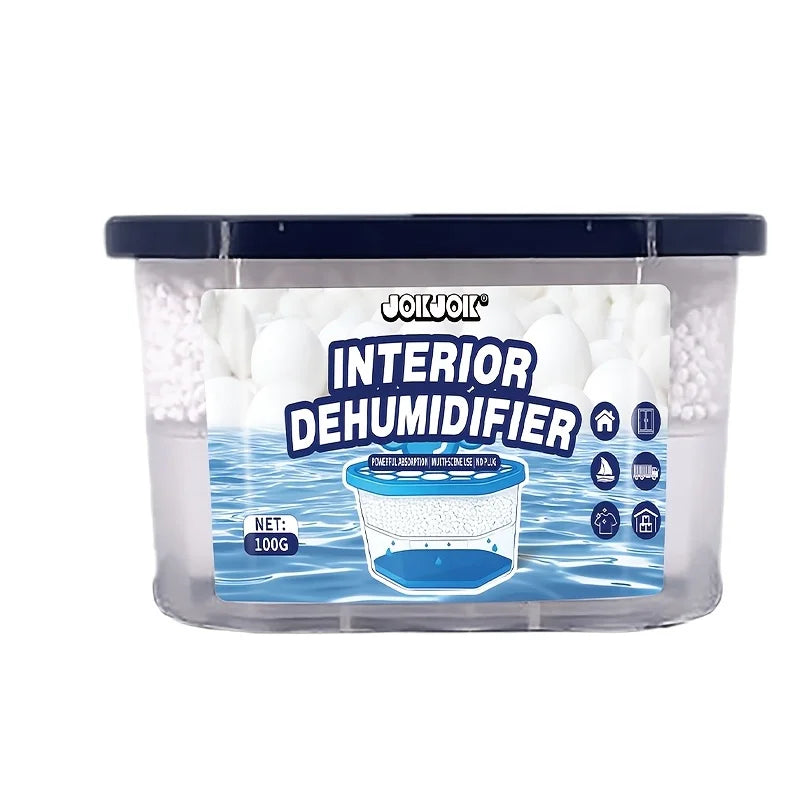 A clear plastic box of interior dehumidifier with white absorbent material inside.