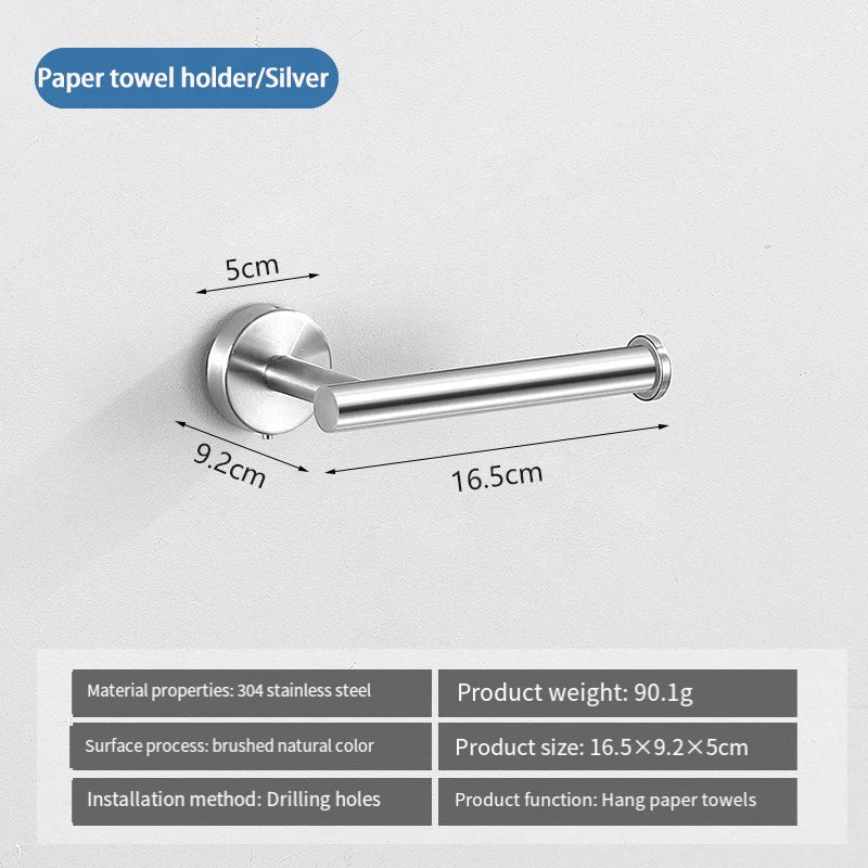 Silver stainless steel paper towel holder with a 16.5cm bar and 9.2cm mounting plate.