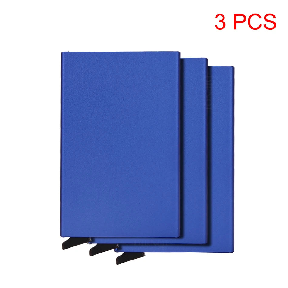 Three blue slim metal RFID blocking card holders with pop-up design