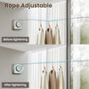 Demonstration of a rope adjustable indoor clothesline system before and after tightening.