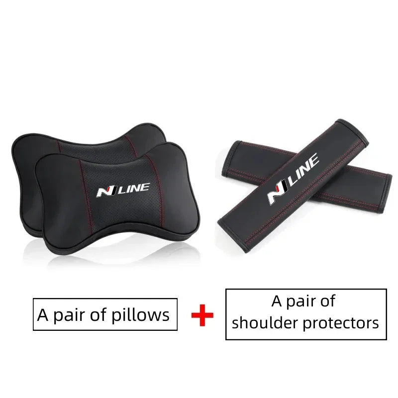 A pair of black PU leather car headrest pillows and shoulder protectors set