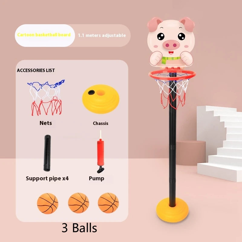 A pink cartoon basketball hoop with a red net, yellow chassis, and three orange balls on a light pink background.
