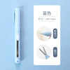 A white folding pen-shaped safety scissors with a blue handle and blade, shown next to specifications.