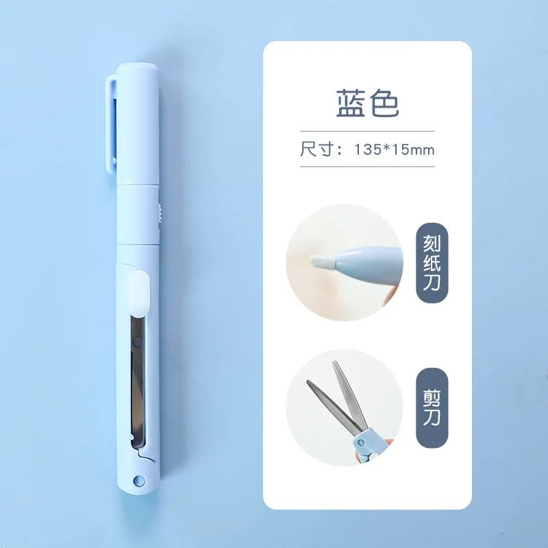A white folding pen-shaped safety scissors with a blue handle and blade, shown next to specifications.