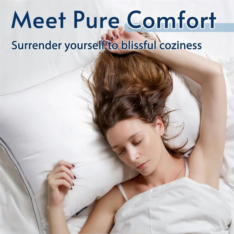 A woman rests her head on a white pillow, demonstrating pure comfort with a luxury goose down and feather pillow.