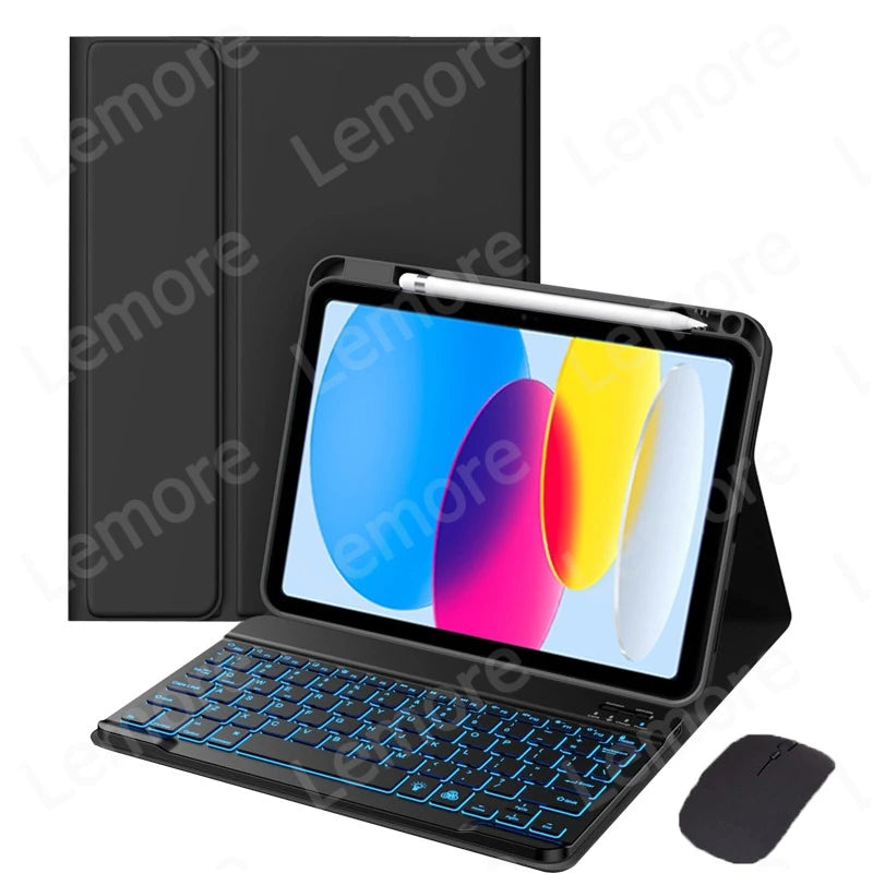 A black iPad keyboard case with a visible keyboard, a black mouse, and a white Apple Pencil holder.
