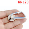A hand holds a silver heavy duty neodymium magnetic hook with a swivel carabiner.