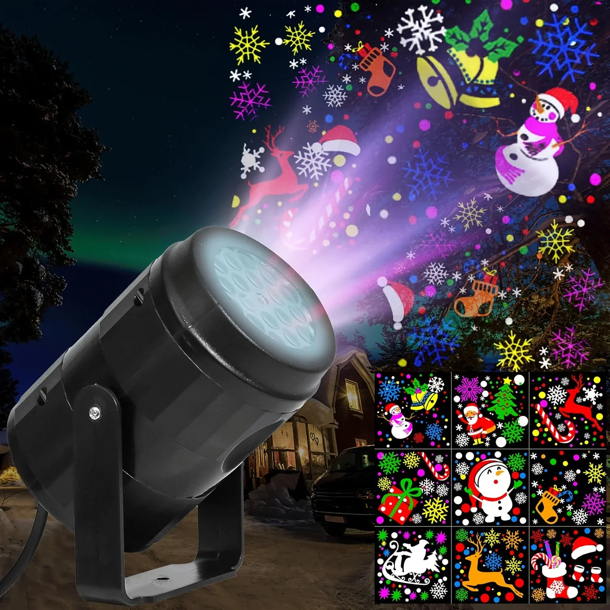 A rotating Christmas projector light illuminates a dark night scene with colorful festive patterns and snowflakes.