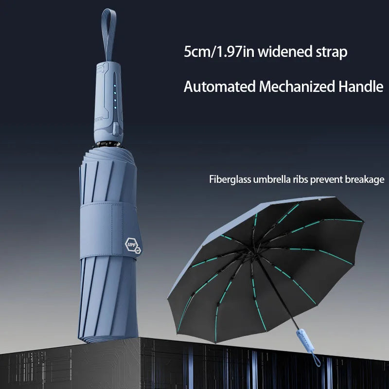 A blue umbrella with a motorized handle and fiberglass ribs is shown open against a dark background.