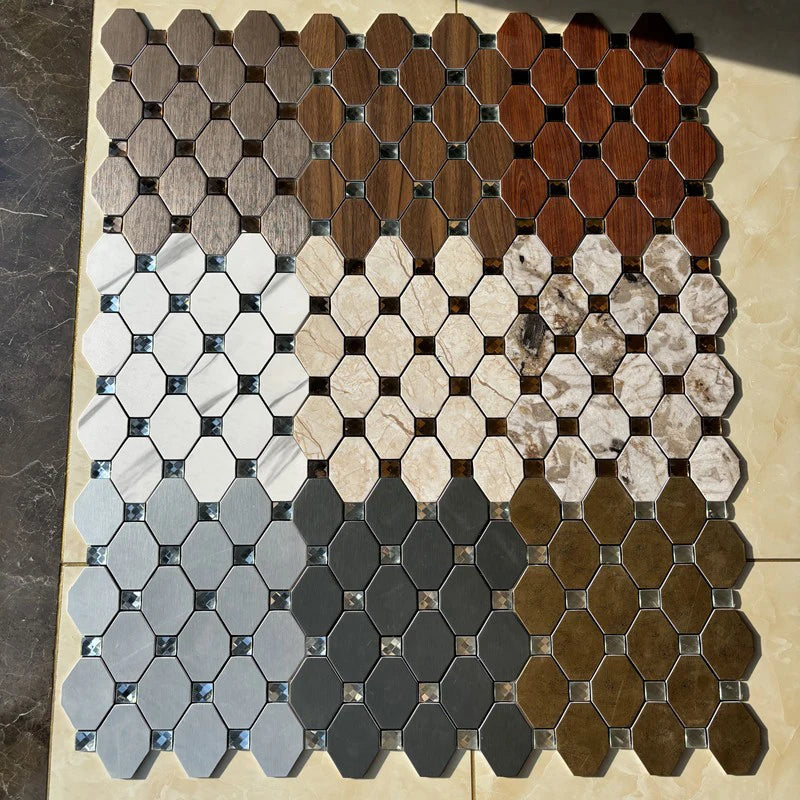 A mosaic wall featuring hexagonal tiles in various earthy tones including beige, brown, gray, and muted green.