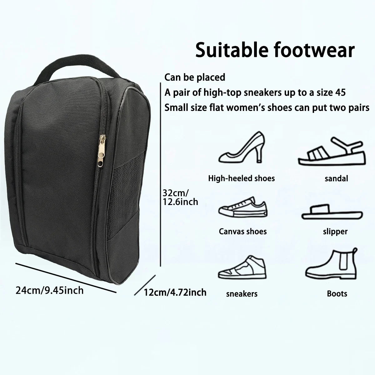 Black breathable oxford cloth shoe storage bag shown with various footwear examples.