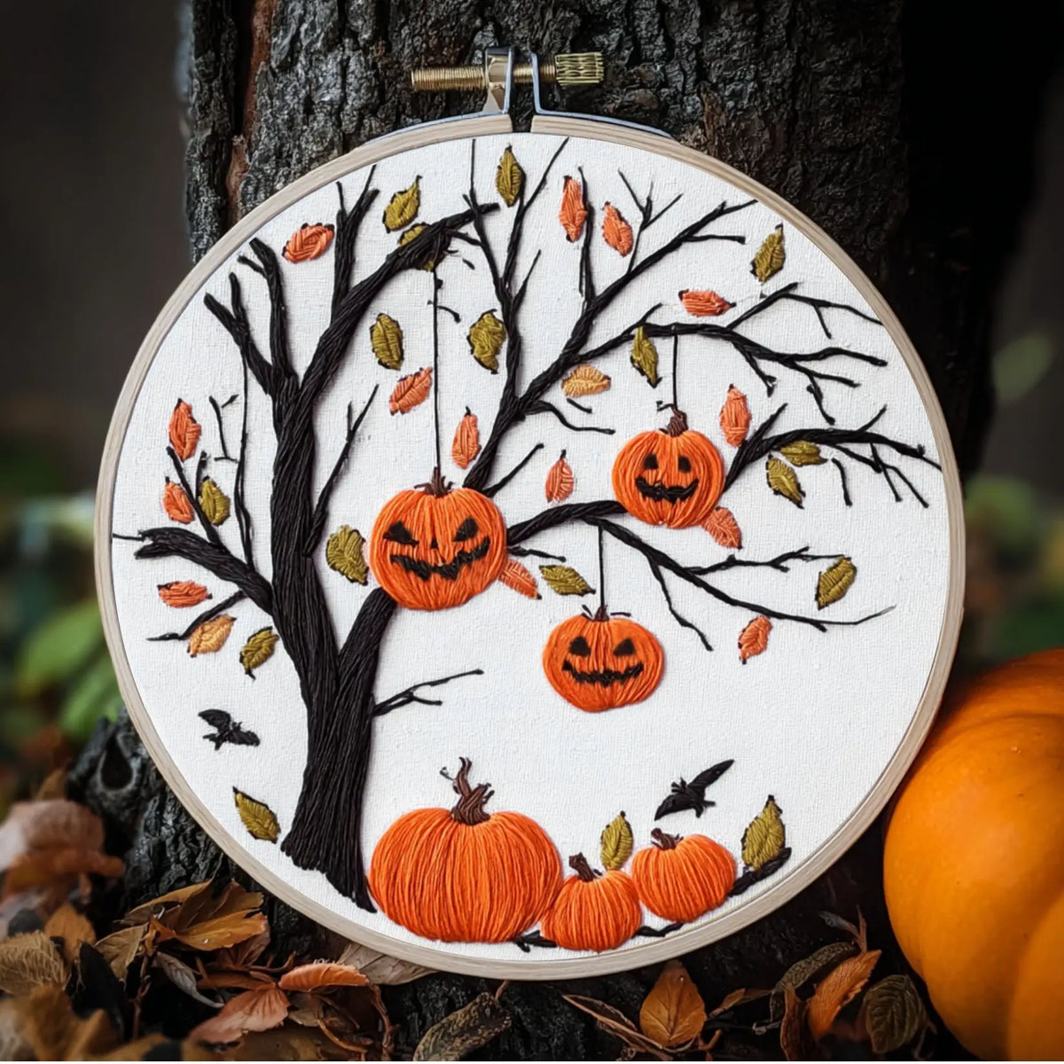 Cross stitch kit featuring an orange pumpkin tree design on a white background with embroidery tools.