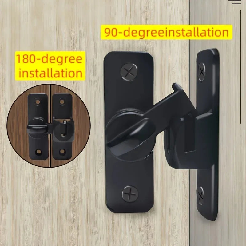 Loquet anti-vol coulissant réglable noir, avec options d'installation à 90 et 180 degrés sur surface en bois.