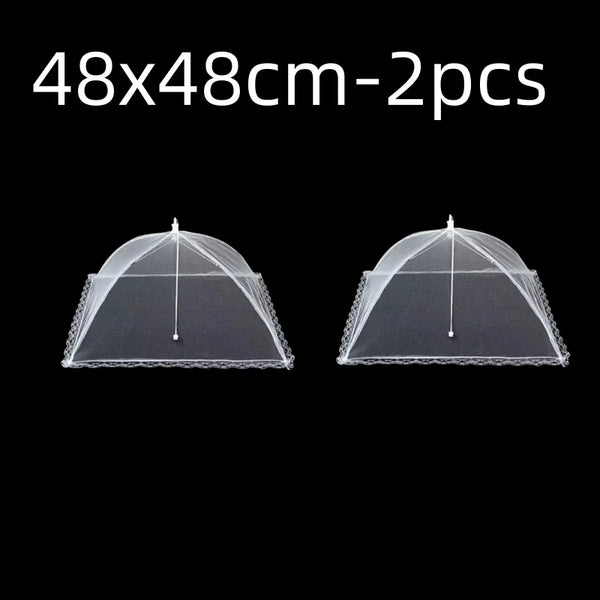 Two clear mesh food covers with pop-up designs shown against a black background.