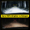 Comparison image showing an Auxito LED headlight bulb providing up to 900% brighter light compared to a halogen bulb.