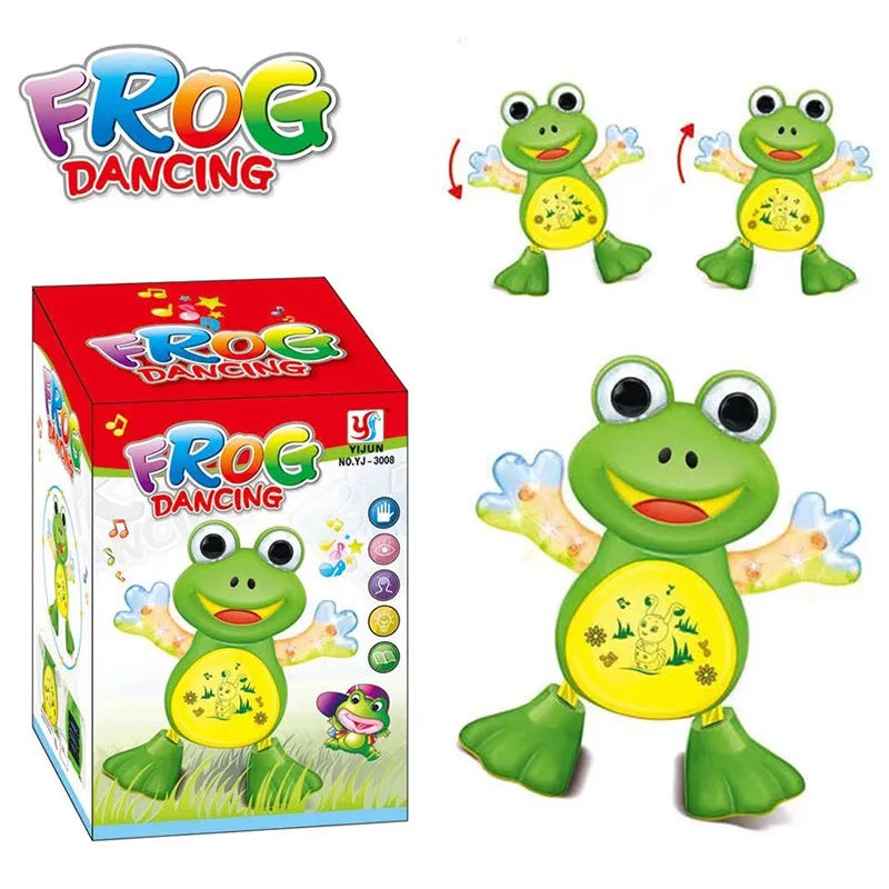 A colorful frog dancing toy box featuring an animated green frog character.
