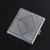 A silver stainless steel cigarette case with an embossed geometric pattern shown from above.