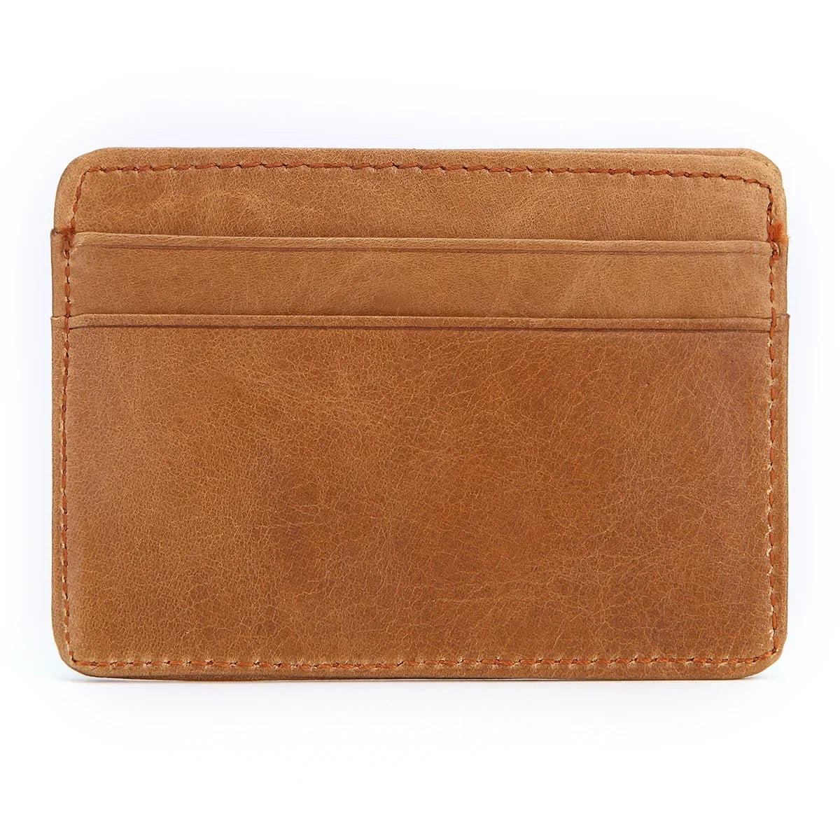 A brown genuine leather card holder with a stitched edge and a flap closure.
