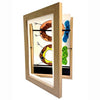 A wooden frame displaying magnetic front photo art featuring colorful abstract shapes.