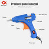 A blue hot melt glue gun kit with a muzzle, stent, trigger, and power cord is shown.