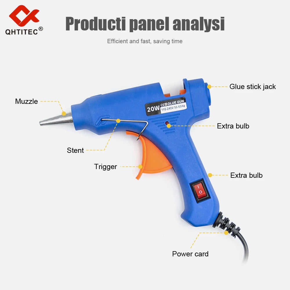 A blue hot melt glue gun kit with a muzzle, stent, trigger, and power cord is shown.
