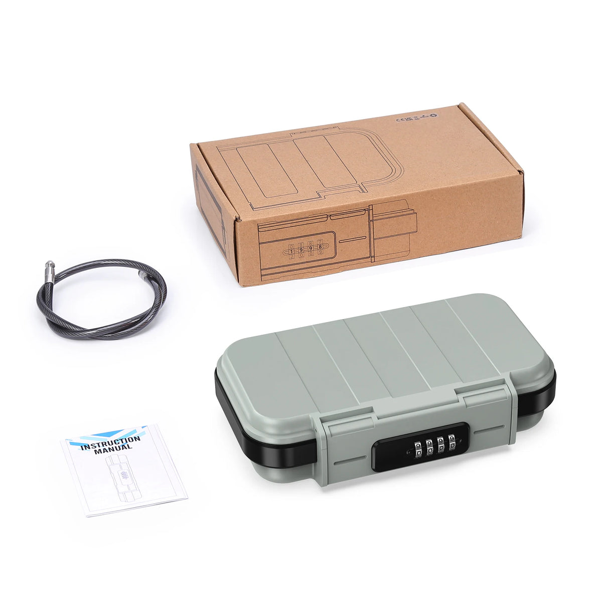 A portable 4-digit combination safe lock box in gray plastic with a steel cable and its cardboard packaging.