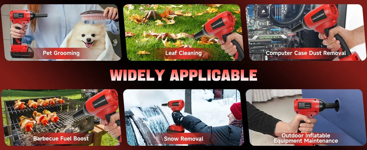 A collection of various applications for a cordless handheld turbo blower including pet grooming, leaf cleaning, computer dus