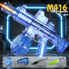 M416 electric water gun toy in blue and white, shown with accessories on a wooden surface.