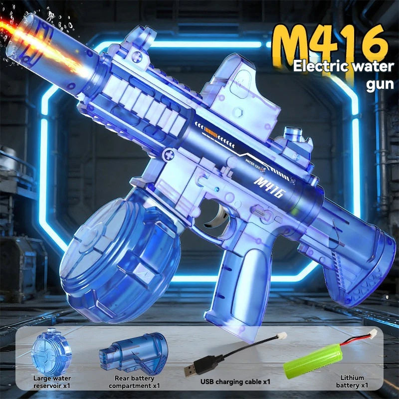 M416 electric water gun toy in blue and white, shown with accessories on a wooden surface.