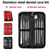 A black zippered case containing a stainless steel dental care kit with various tools for oral hygiene.
