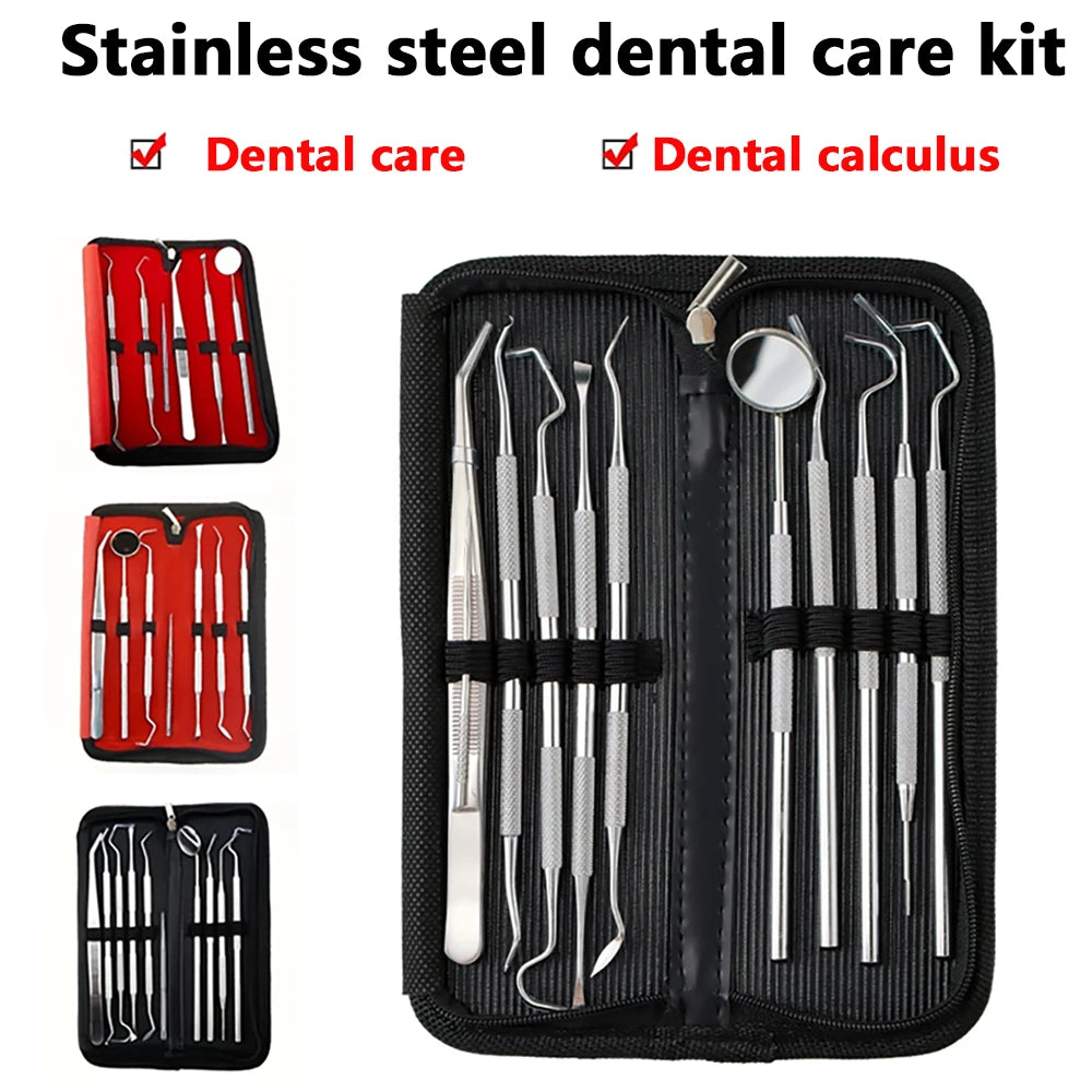 A black zippered case containing a stainless steel dental care kit with various tools for oral hygiene.