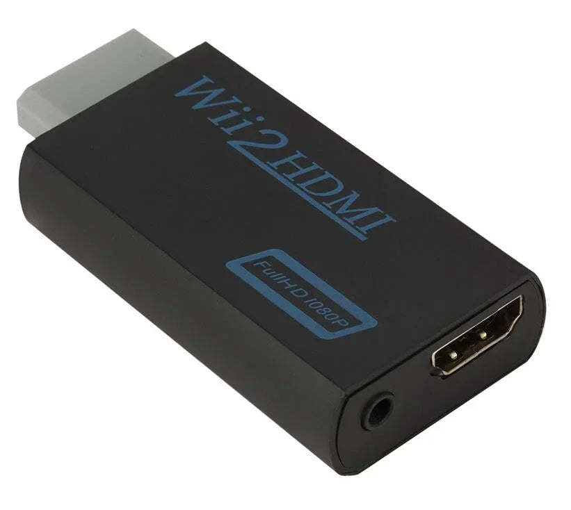 A black Wii to HDMI adapter converter device with a gold connector port.