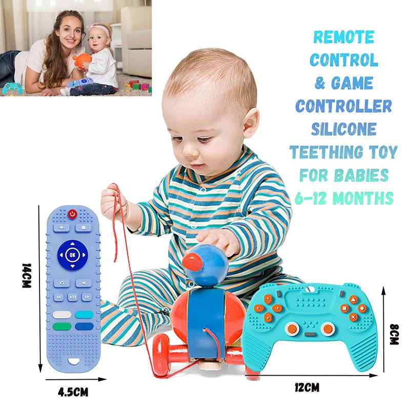 A baby is holding a silicone remote control and game controller toy for teething, shown next to the electronic device.