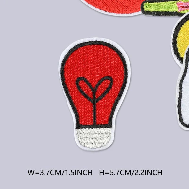 Red iron-on embroidered patch shaped like a lightning bolt on a white background