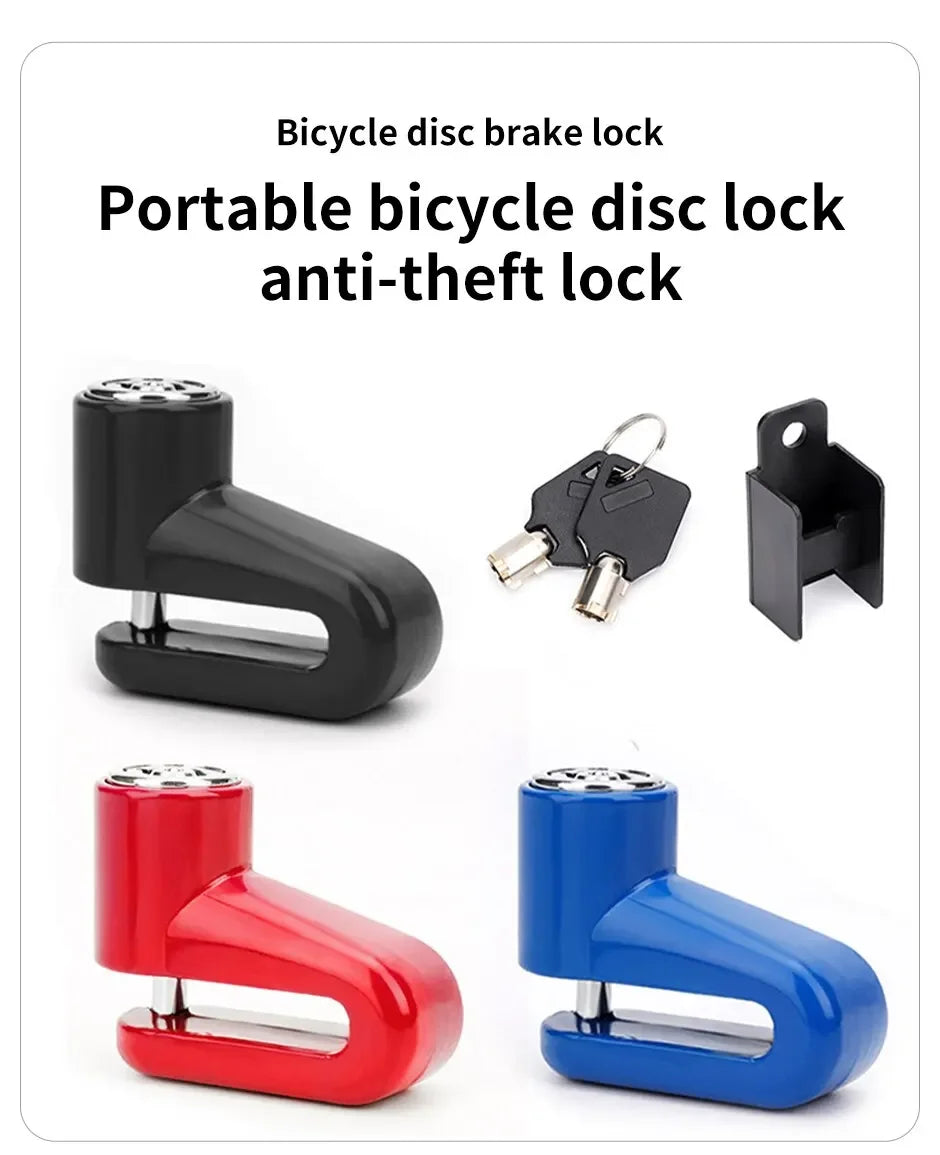 Portable bicycle disc brake lock featuring black, red, and blue anti-theft locks.