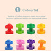 A set of colorful screw and nut building blocks in various bright colors like red, green, yellow, blue, pink, and purple.