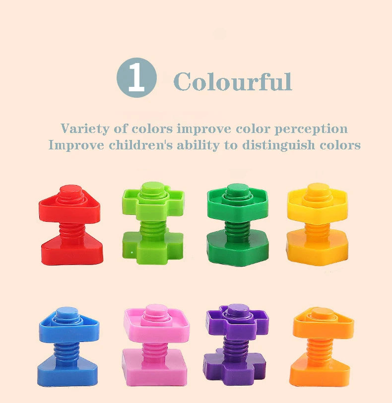 A set of colorful screw and nut building blocks in various bright colors like red, green, yellow, blue, pink, and purple.